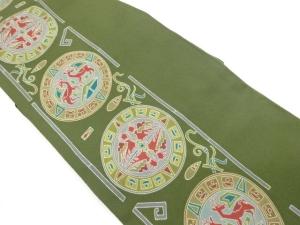 縮緬地型染向かい抽象動物丸文模様名古屋帯